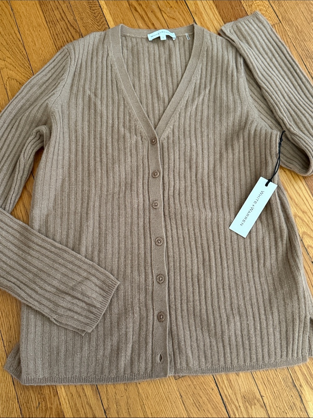 NWT white + Warren 100% cashmere basket weave Rib V-Neck Button Cardigan Heather